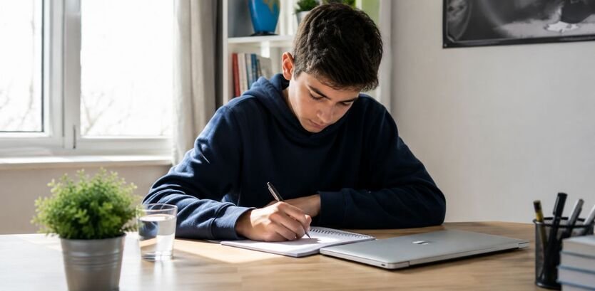 Teenage student studying at a wooden desk with notebook, laptop, plant, and natural sunlight in a bright room.
