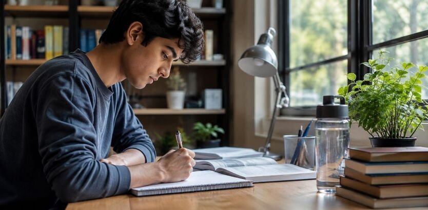 Student building positive daily habits while studying at an organized desk, writing goals in a notebook, reading books, and tracking completed tasks in a bright study environment