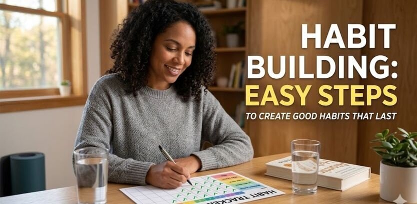 A woman sitting at a wooden desk tracking her daily habits on a colorful habit tracker chart with a glass of water and a book.