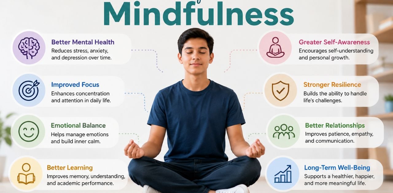 A student practicing mindfulness meditation in a calm environment, highlighting the long-term benefits of mindfulness such as improved focus, emotional balance, resilience, self-awareness, better relationships, and overall well-being.