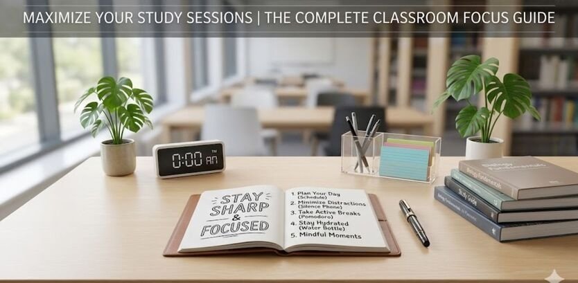 A tidy study desk with an open journal listing study focus tips, a digital clock, and potted plants, against a blurred classroom library background.