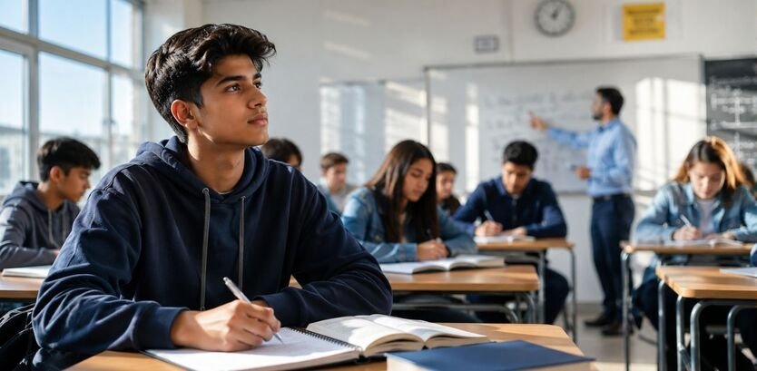 Focused student sitting in the front row of a classroom, taking notes and paying attention to the teacher during a lesson.