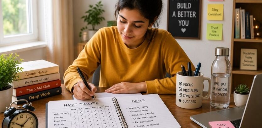 Young woman tracking daily habits and goals while studying at a desk to build positive routines and improve productivity.