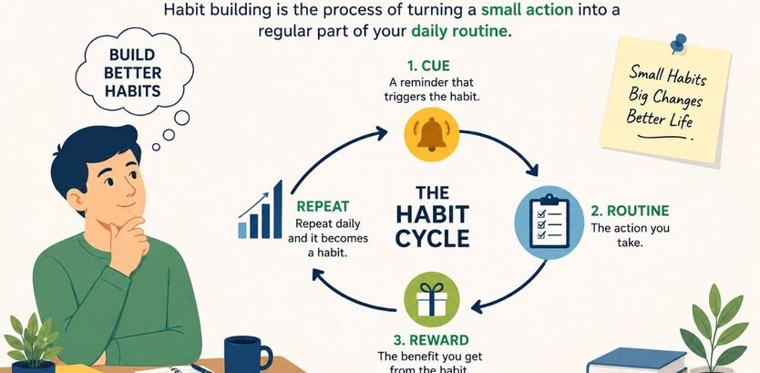 Illustration explaining what habit building is and how small daily actions become lasting habits through consistency and repetition.
