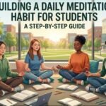 Four realistic students sitting on cushions with open eyes, practicing mindful breathing and meditation in a sunny study room.