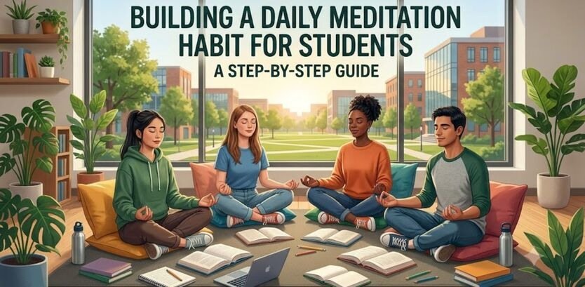 Four realistic students sitting on cushions with open eyes, practicing mindful breathing and meditation in a sunny study room.