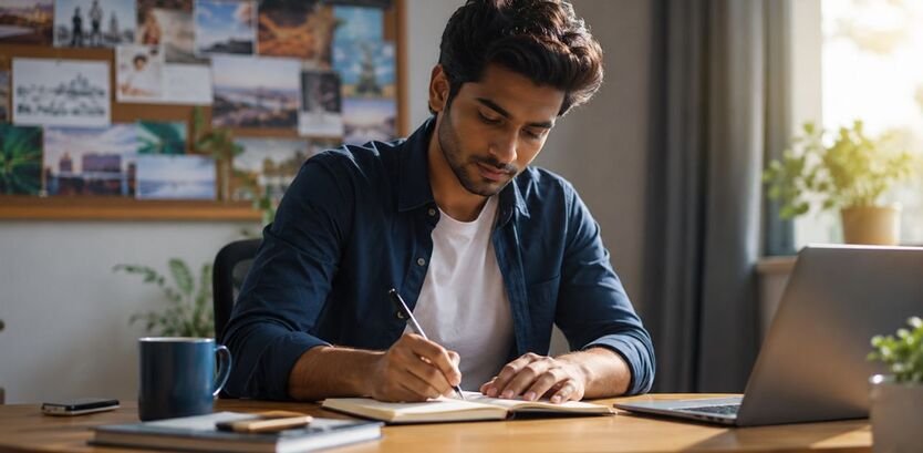 A focused young professional sits at a clean desk, writing goals in a notebook while natural sunlight streams through a nearby window. A vision board is displayed in the background, creating a motivational and organized workspace.