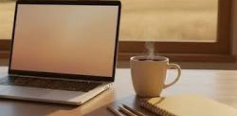 : A professional workspace with a clean notebook showing a simple goal-setting checklist, a pen, and a cup of coffee, representing how to achieve your goals without giving up